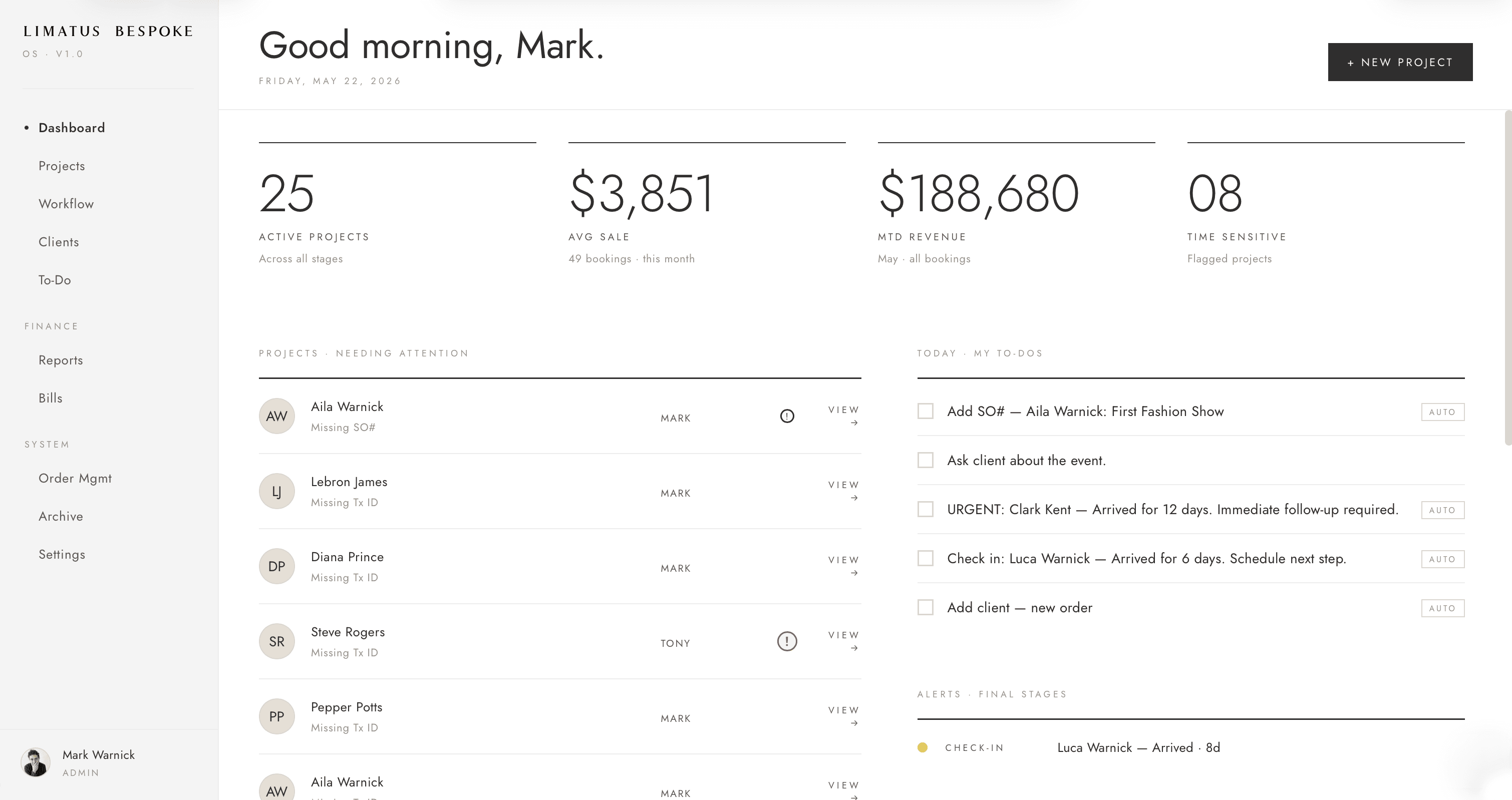 Limatus Bespoke OS dashboard: projects, stages, alerts, and revenue in one screen
